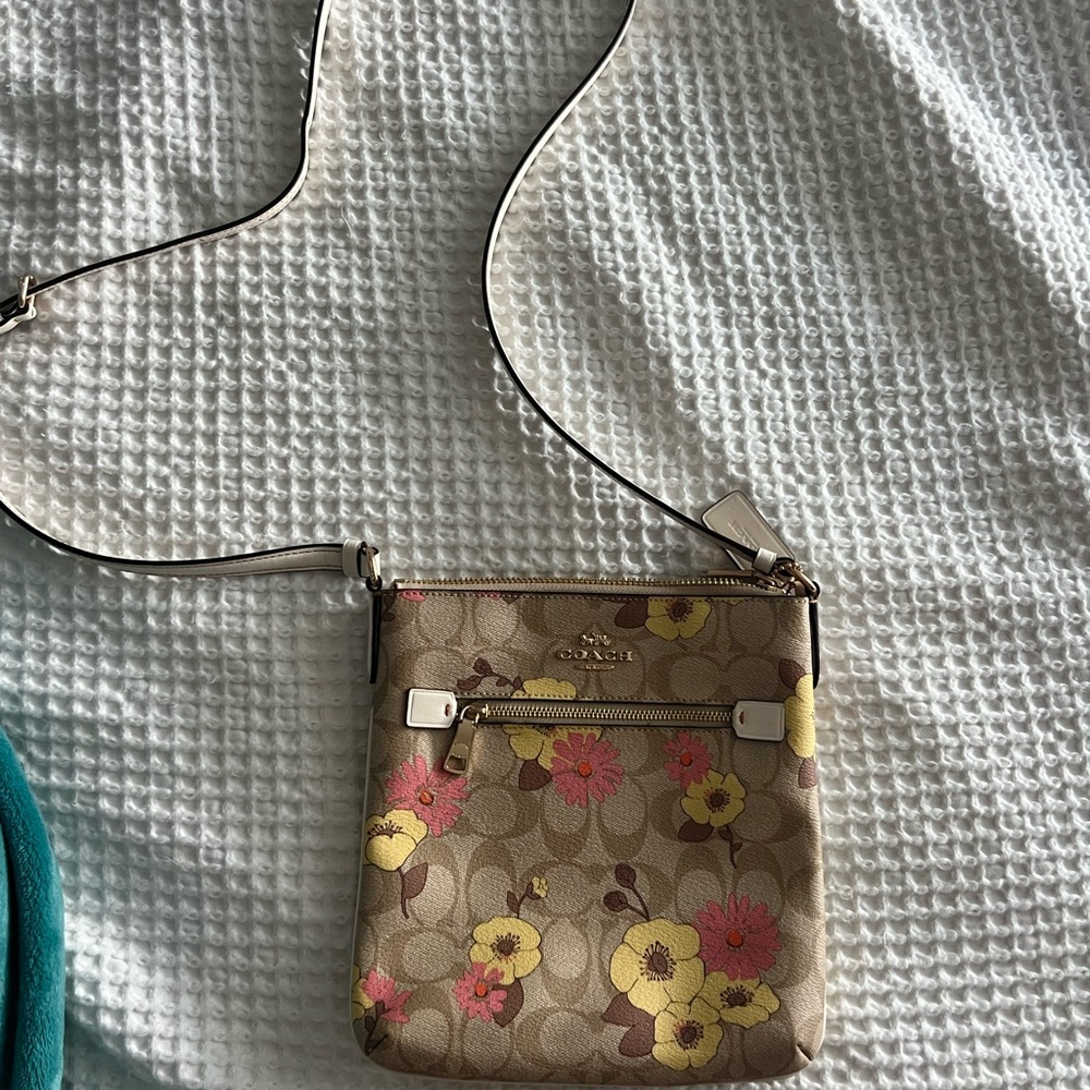 Coach Beige Signature Floral Crossbody in Yellow & Pink